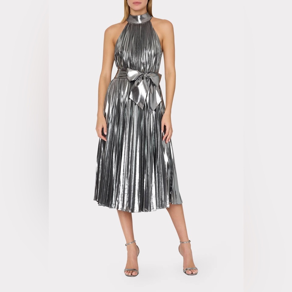 🔥GORGEOUS Milly SilverLame HalterMidi Dress w/Bow Detail Sz8-NWT🔥sold out sizeuu